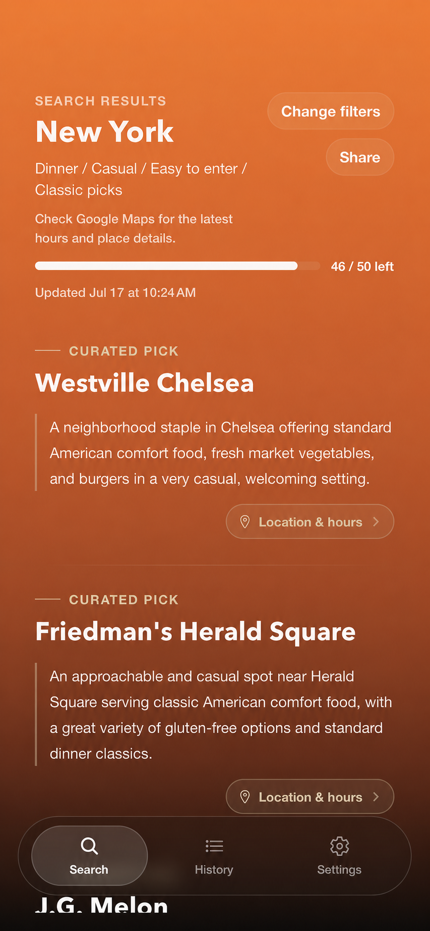 Find Eats results screen showing curated restaurant picks, each with a short reason why it fits